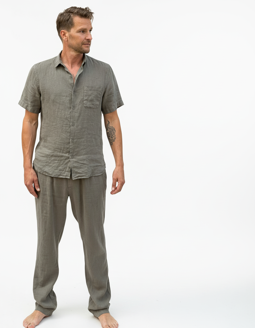 SHORT SLEEVE LINEN SHIRT ARMY OLIVE