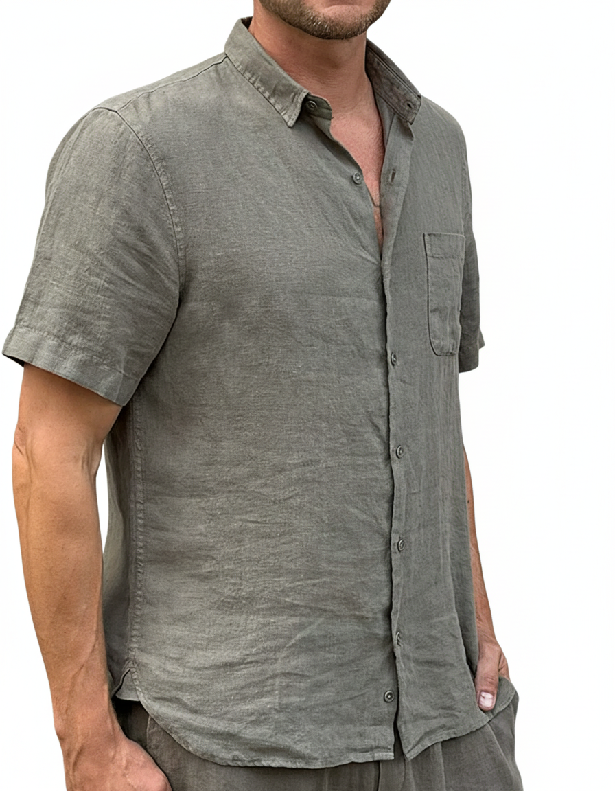 SHORT SLEEVE LINEN SHIRT ARMY OLIVE