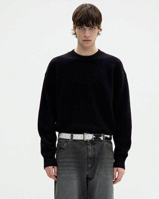 Wool Cropped Crewneck Sweater Black