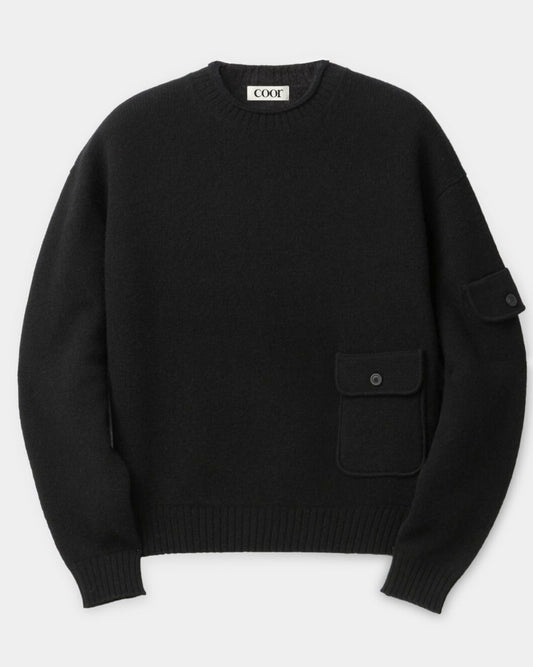 Wool Cropped Pocket Sweater- Black
