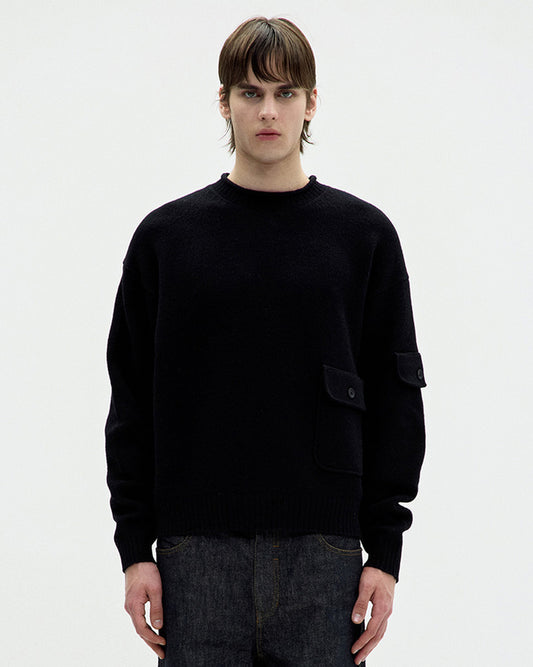 Wool Cropped Pocket Sweater- Black