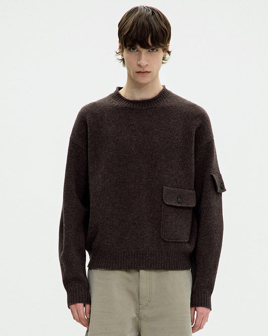Wool Cropped Pocket Sweater- Brown