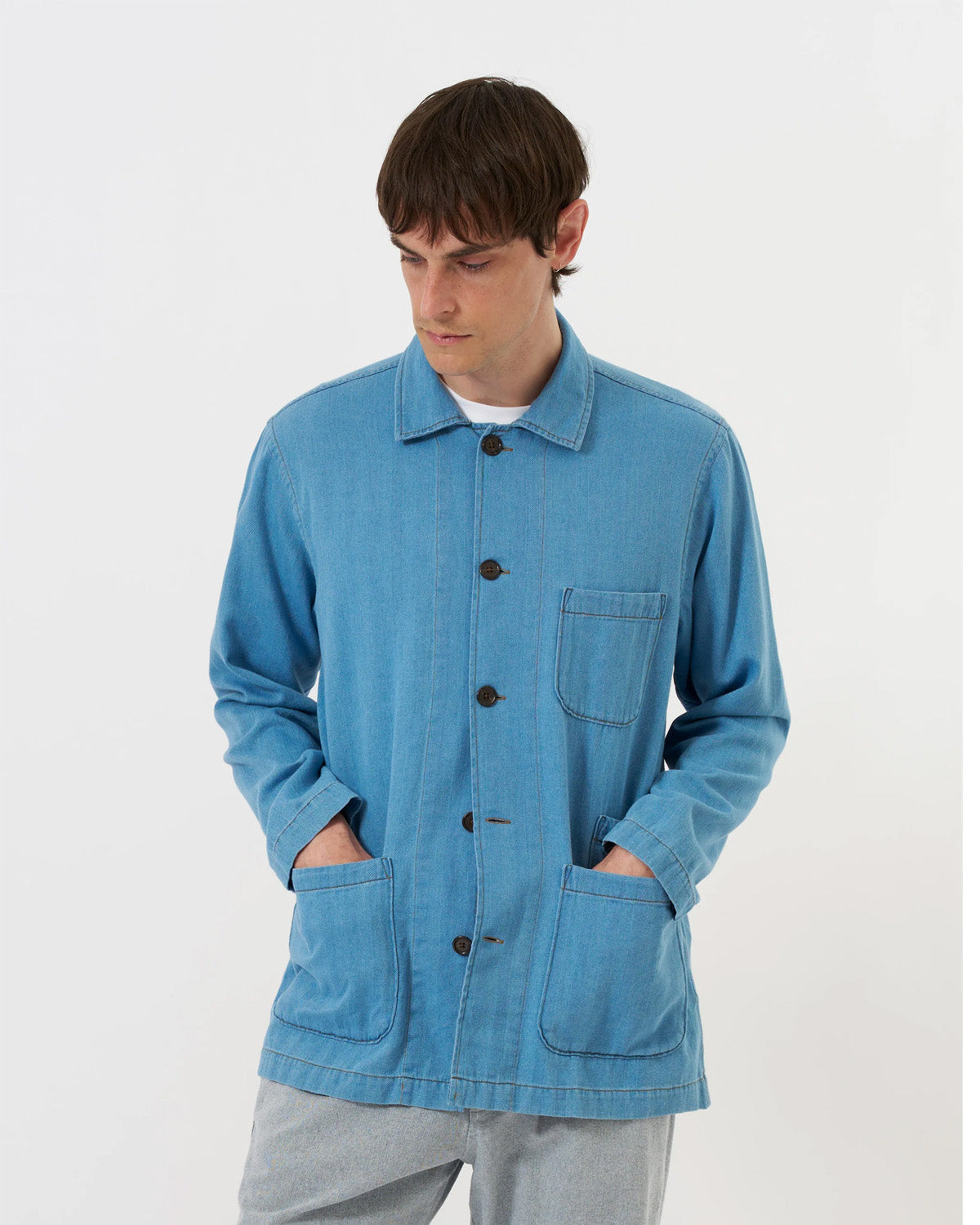 Washed Indigo Recycled Herringbone Bakers Overshirt