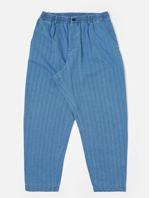 Washed Indigo Recycled Herringbone Pleated Track Pant