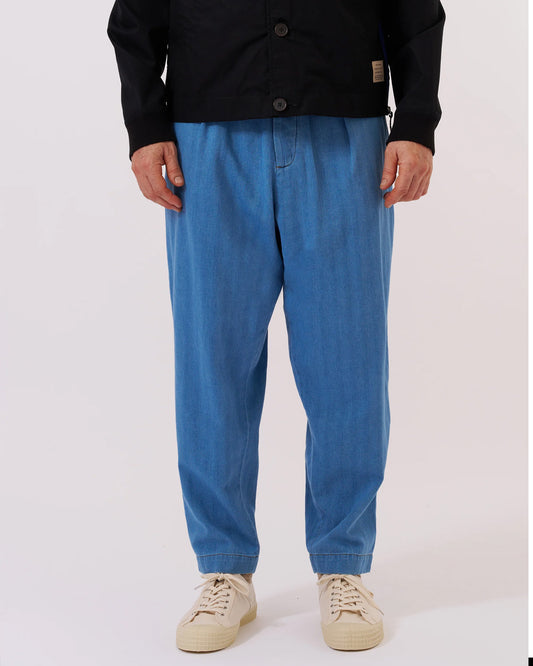 Washed Indigo Recycled Herringbone Pleated Track Pant