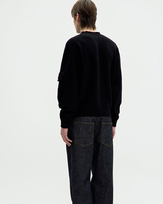 Wool Cropped Pocket Sweater- Black
