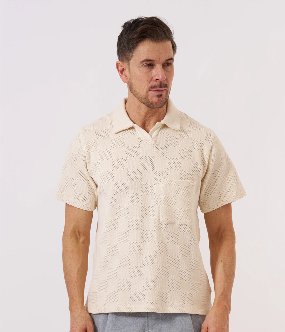 Fantasy Checkerboard Vacation Polo Ecru
