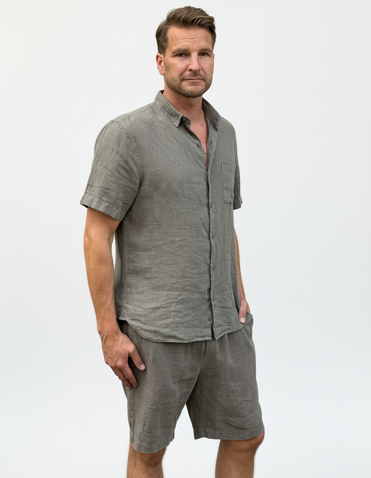 SHORT SLEEVE LINEN SHIRT ARMY OLIVE