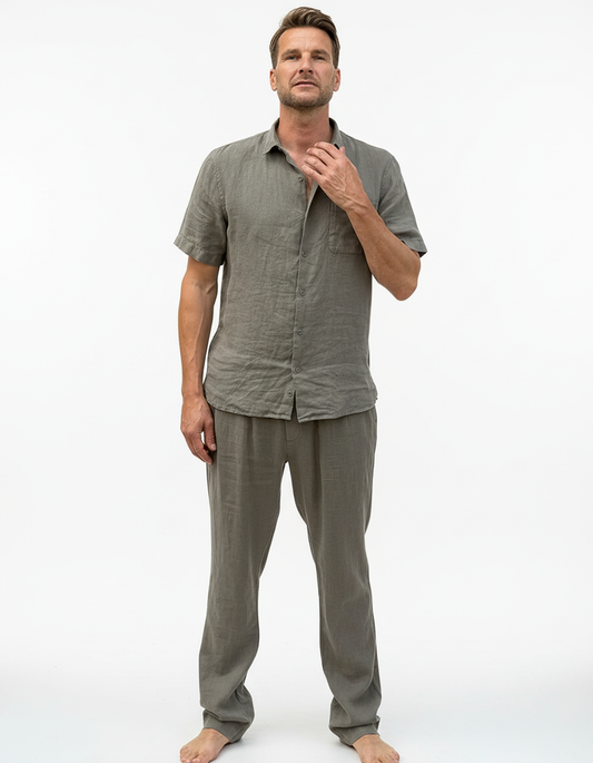 SHORT SLEEVE LINEN SHIRT ARMY OLIVE