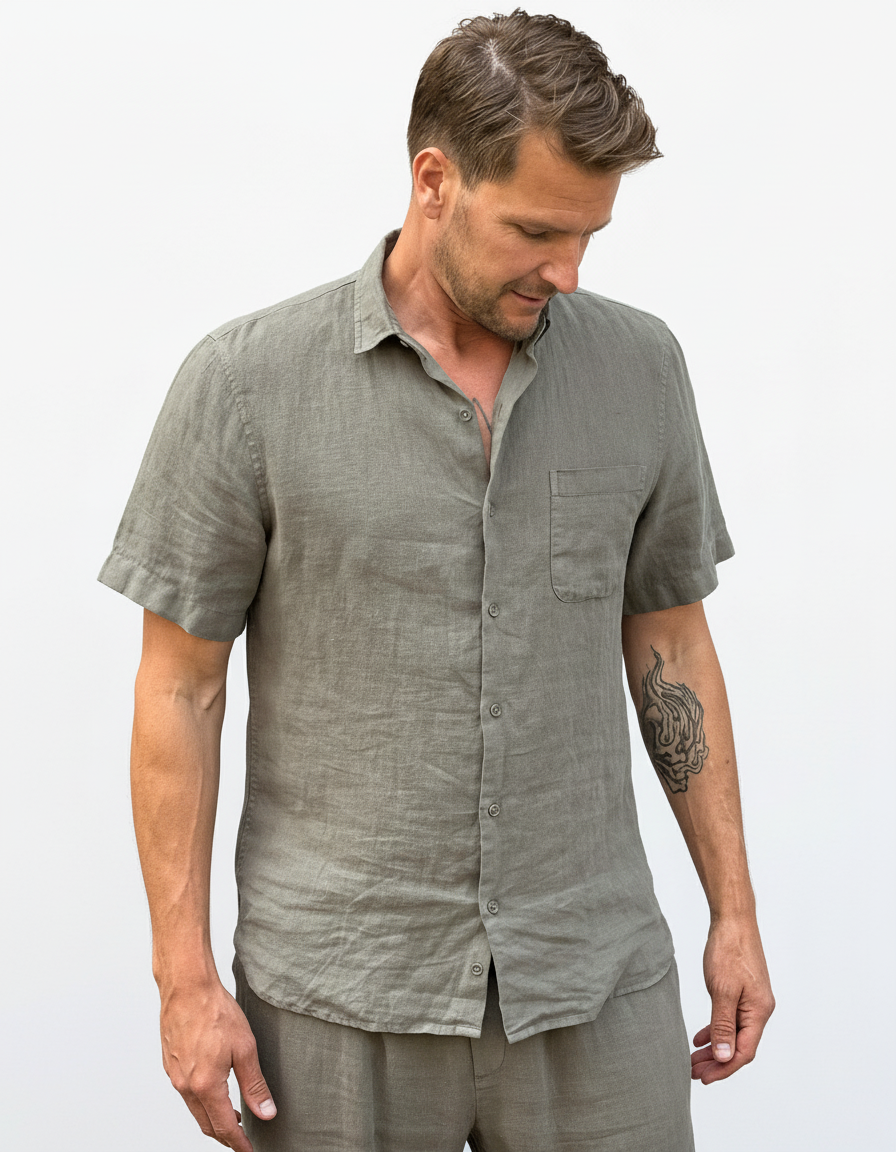 SHORT SLEEVE LINEN SHIRT ARMY OLIVE